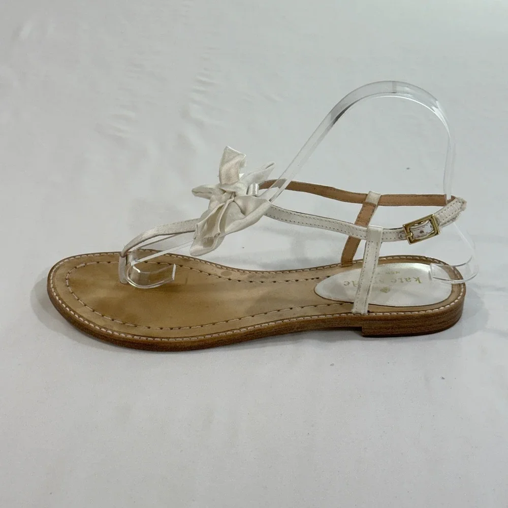 Kate Spade Sandals Womens 7.5 White‎ Leather Satin Bow Thong Ankle Strap Flat